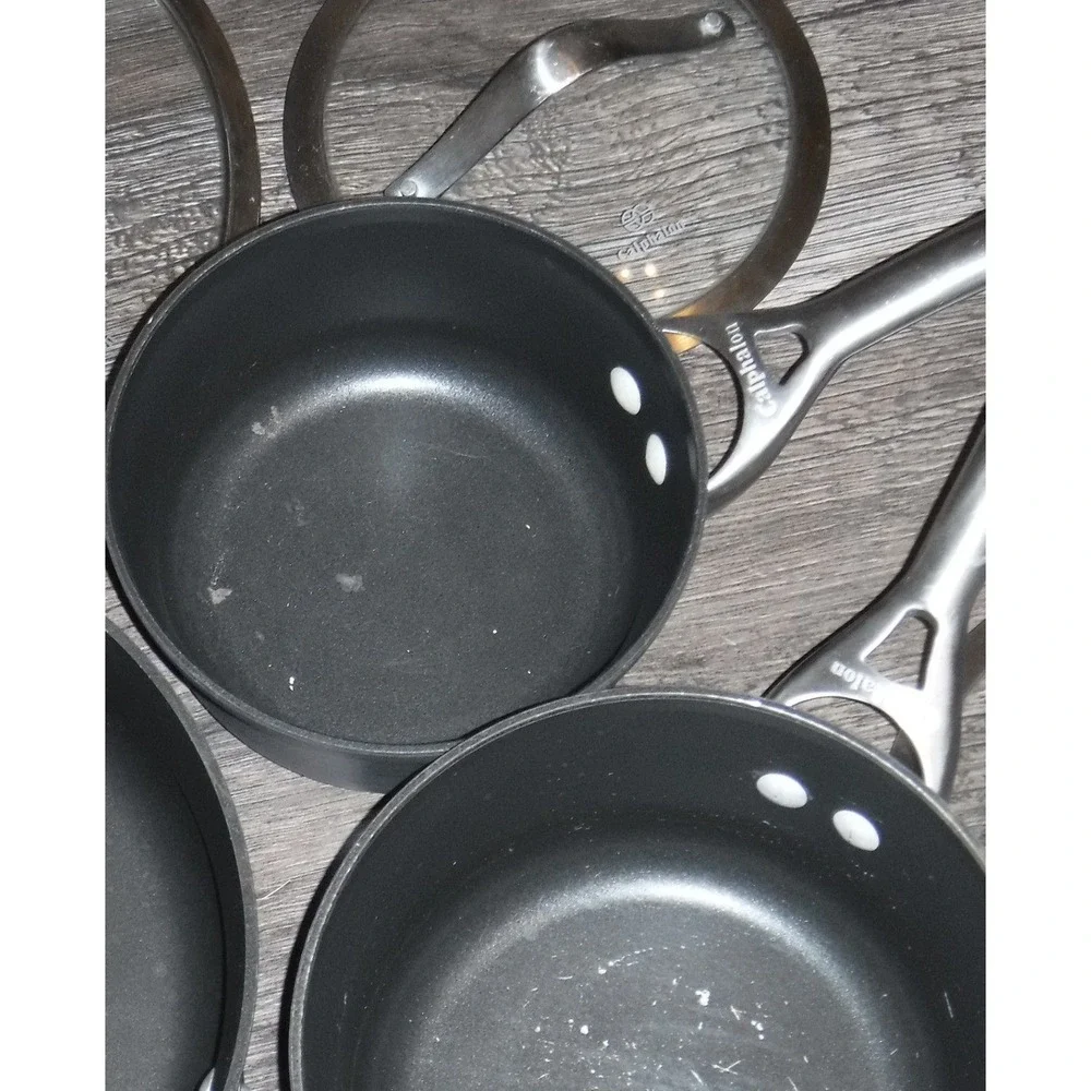 Calphalon Sauce Pan Set 2.5 Qt & Small Pot Gray Nonstick Good Condition Lids